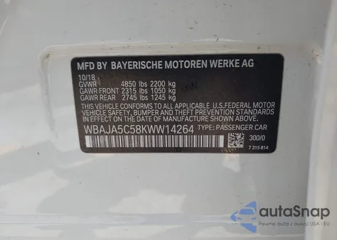 2019 BMW 530I z USA, uszkodzony, nr VIN WBAJA5C58KWW14264